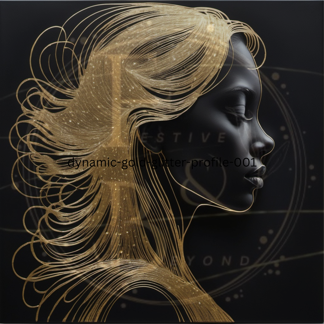 Abstract profile of a woman with gold glitter lines radiating outwards on a matte black background.