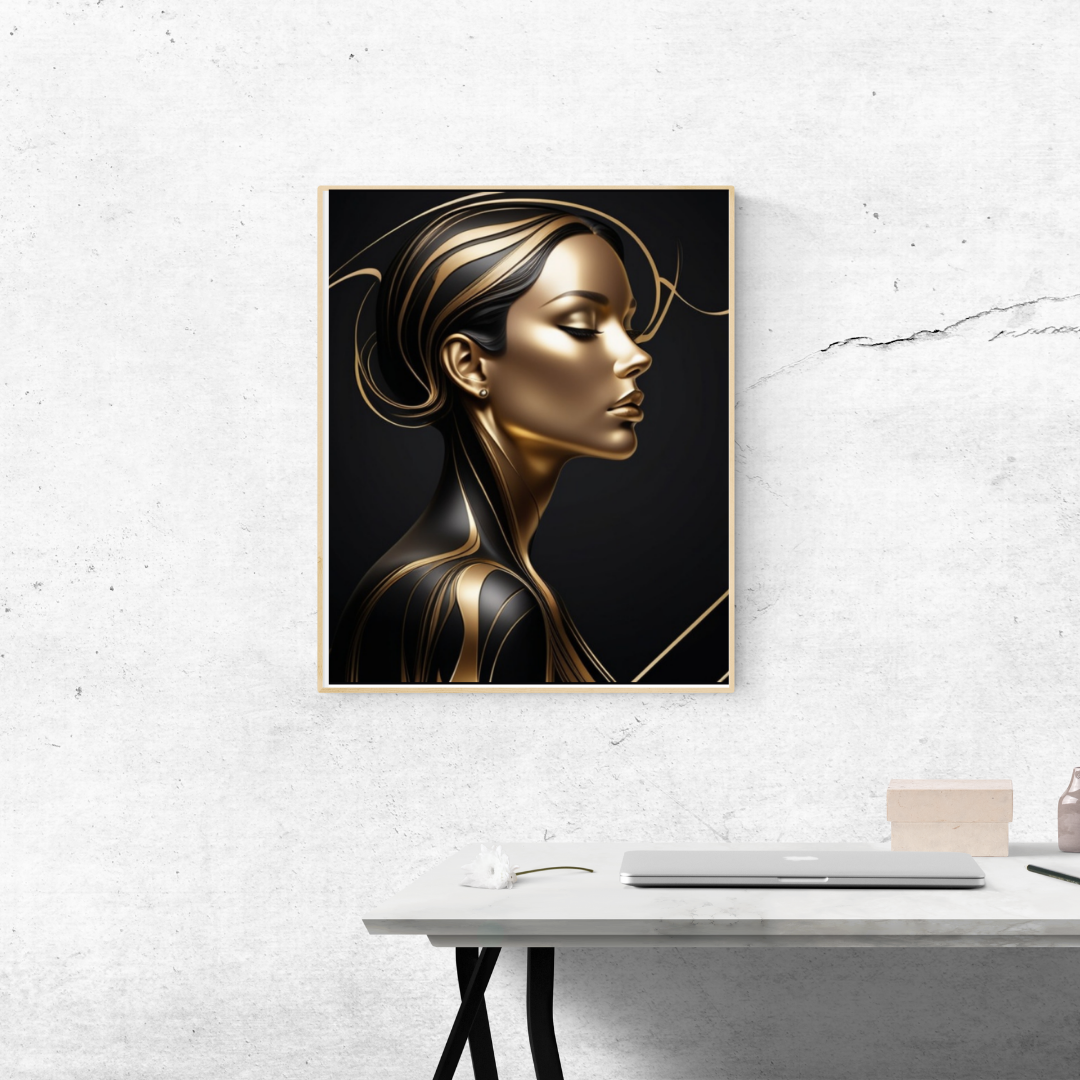 Elegant black and gold profile of a woman with minimalist design.