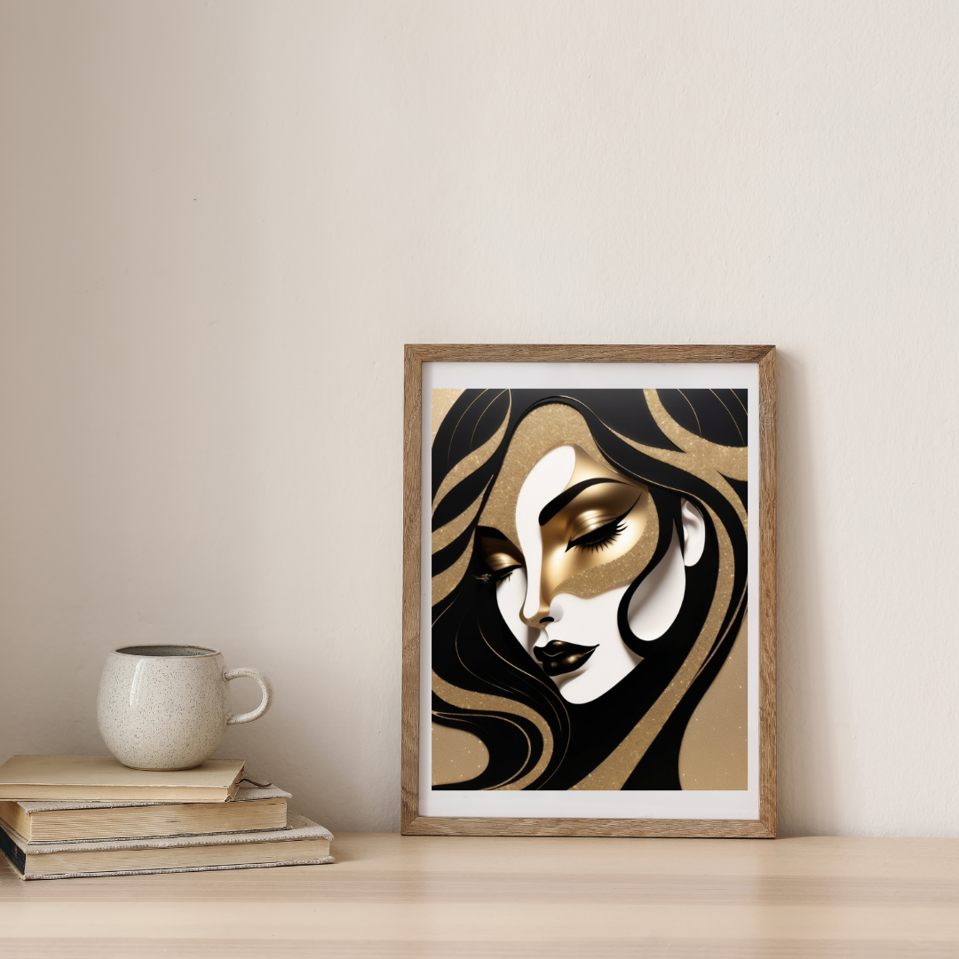 Elegant black-and-gold silhouette of a woman’s face with flowing hair and glitter accents.