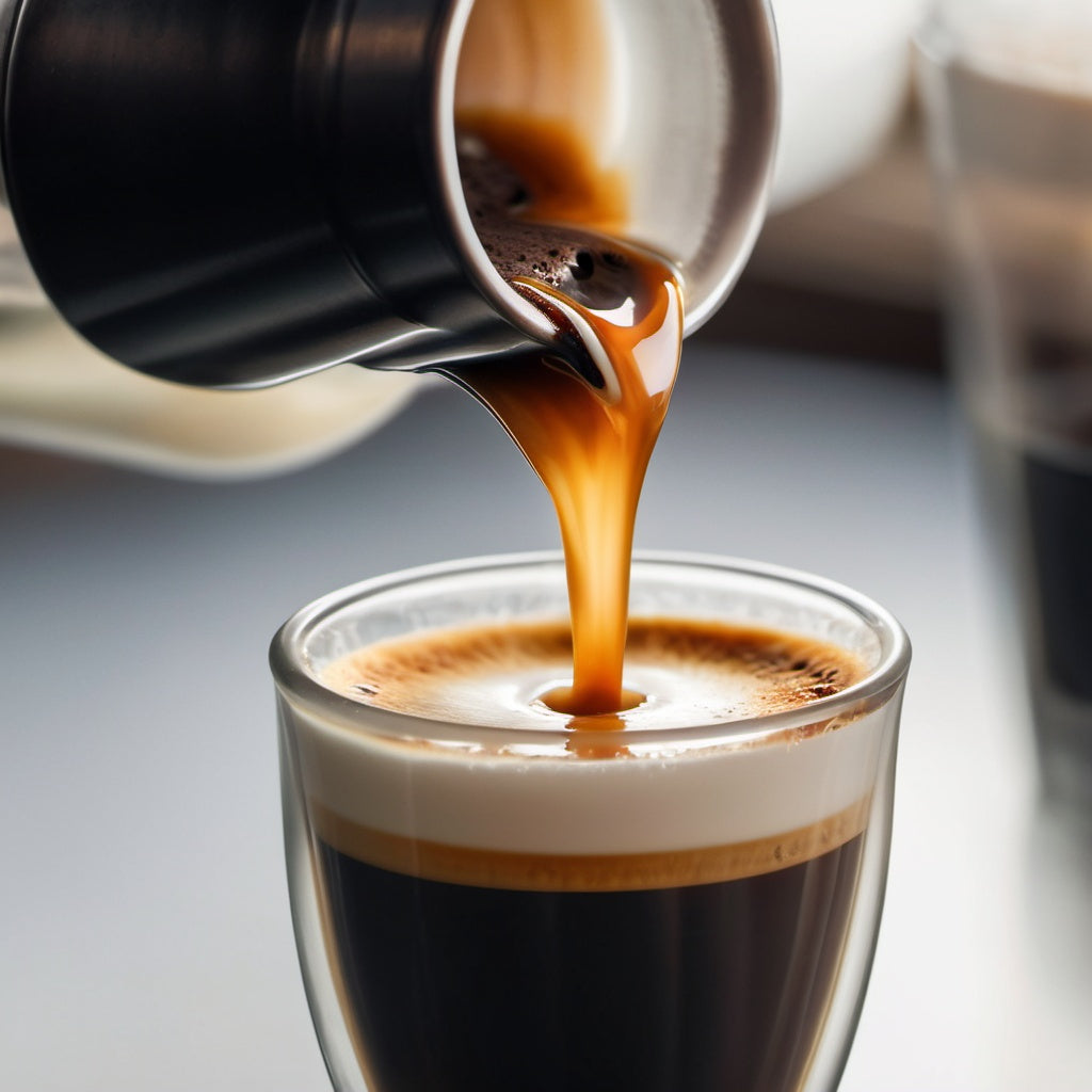 Close-up of an espresso shot being poured into a clear glass with rich crema on top.