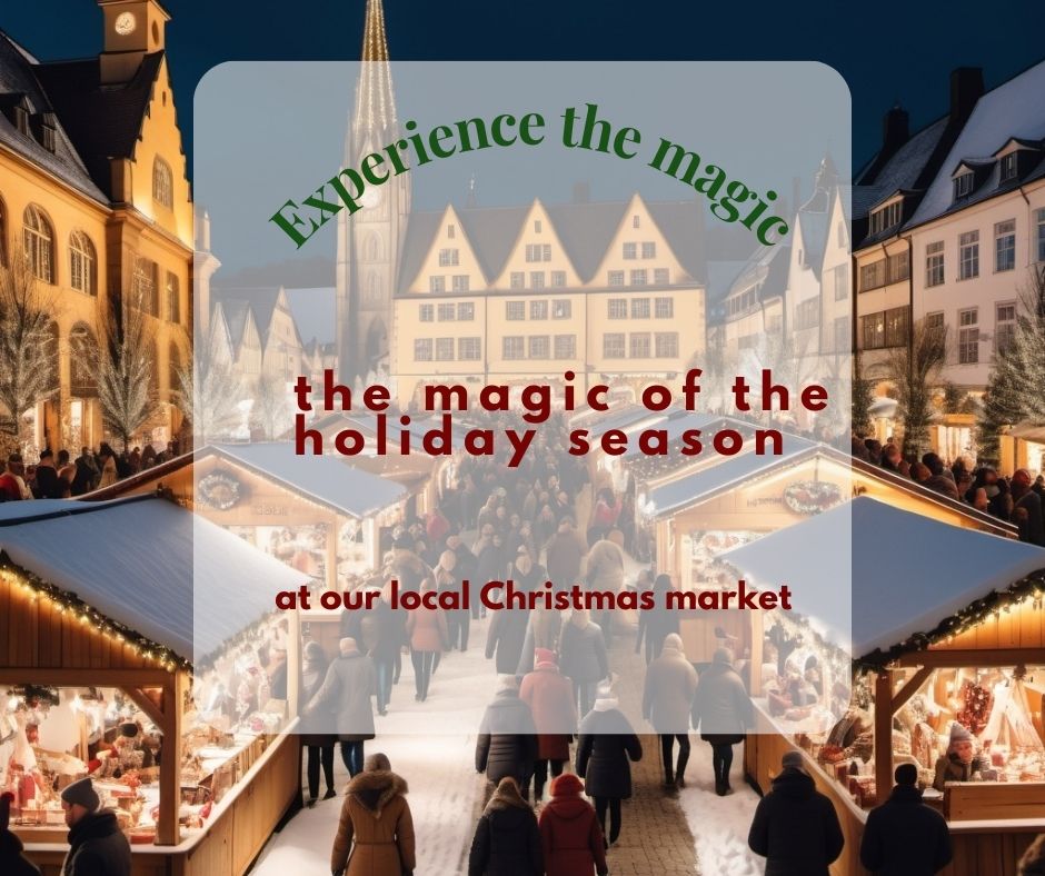 European-style Christmas market with ornaments, food, and mulled wine