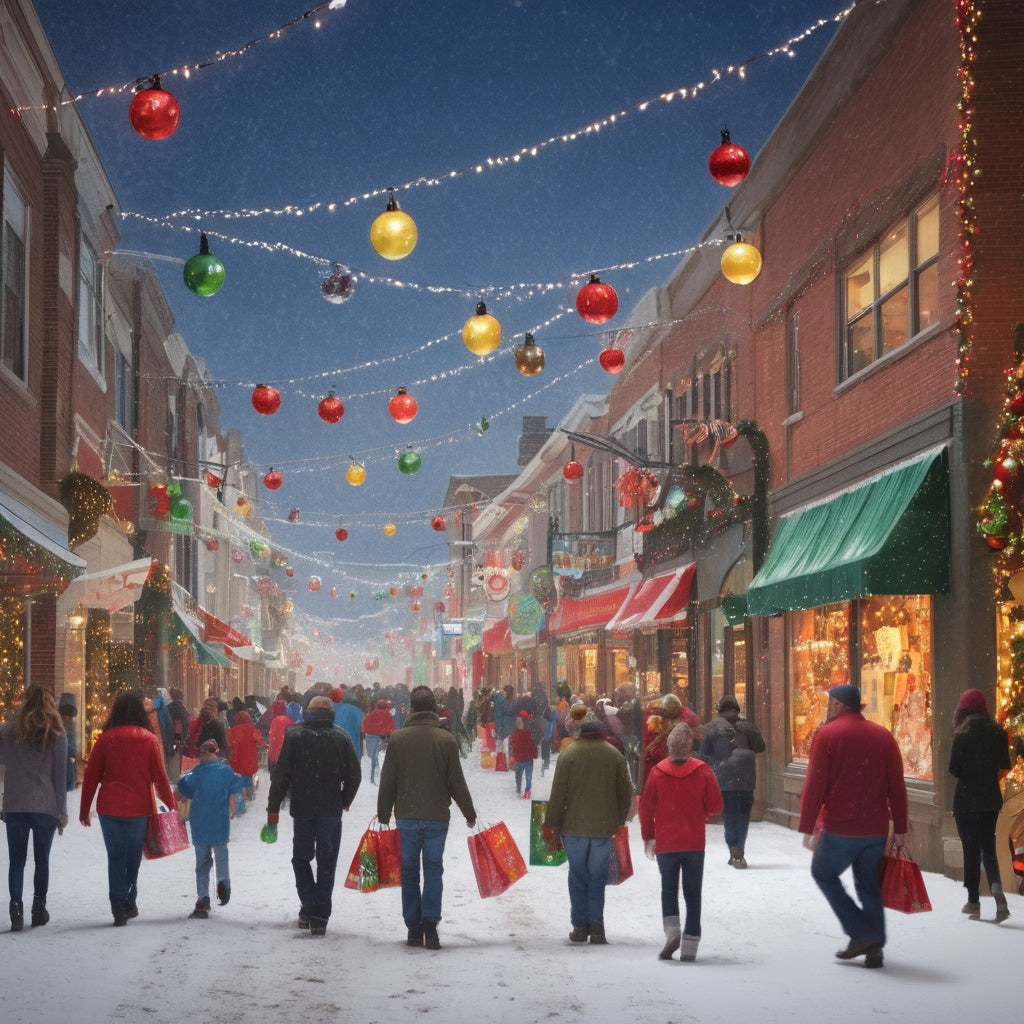 Holiday shoppers in the snow with Christmas lights, Santa mascot, storefront decorations