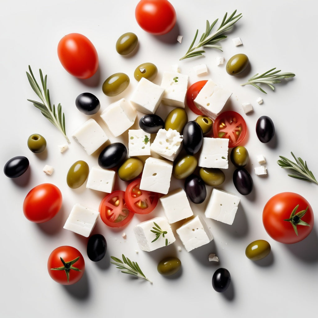 A white background with feta cheese cubes, olives, and tomato slices scattered along the edges, leaving the center clear for product placement.