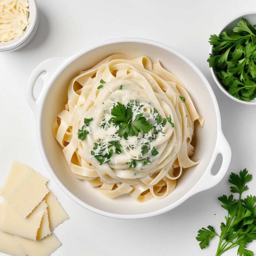 A white background with fettuccine noodles, alfredo sauce, chopped parsley, and grated parmesan scattered along the borders, leaving space in the center for product placement.