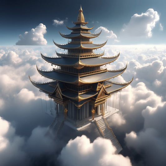 A temple built from diamonds and light, floating above a glowing cloudscape