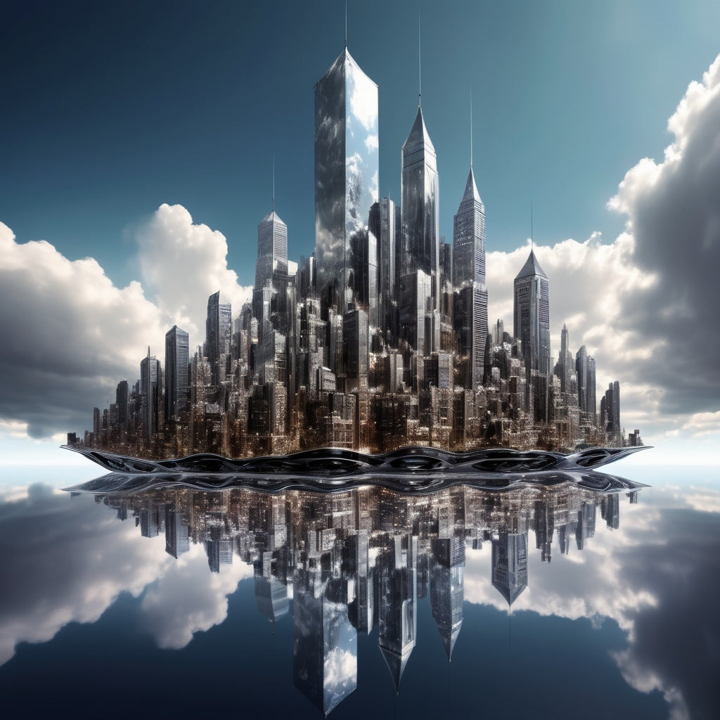 A futuristic city made of liquid metal levitating in the sky