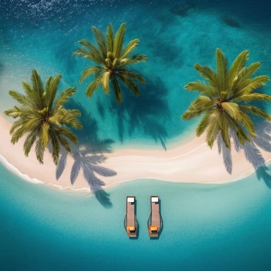 A dreamy scene of a Mauritius beach with tiny floating islands of palm trees above the water