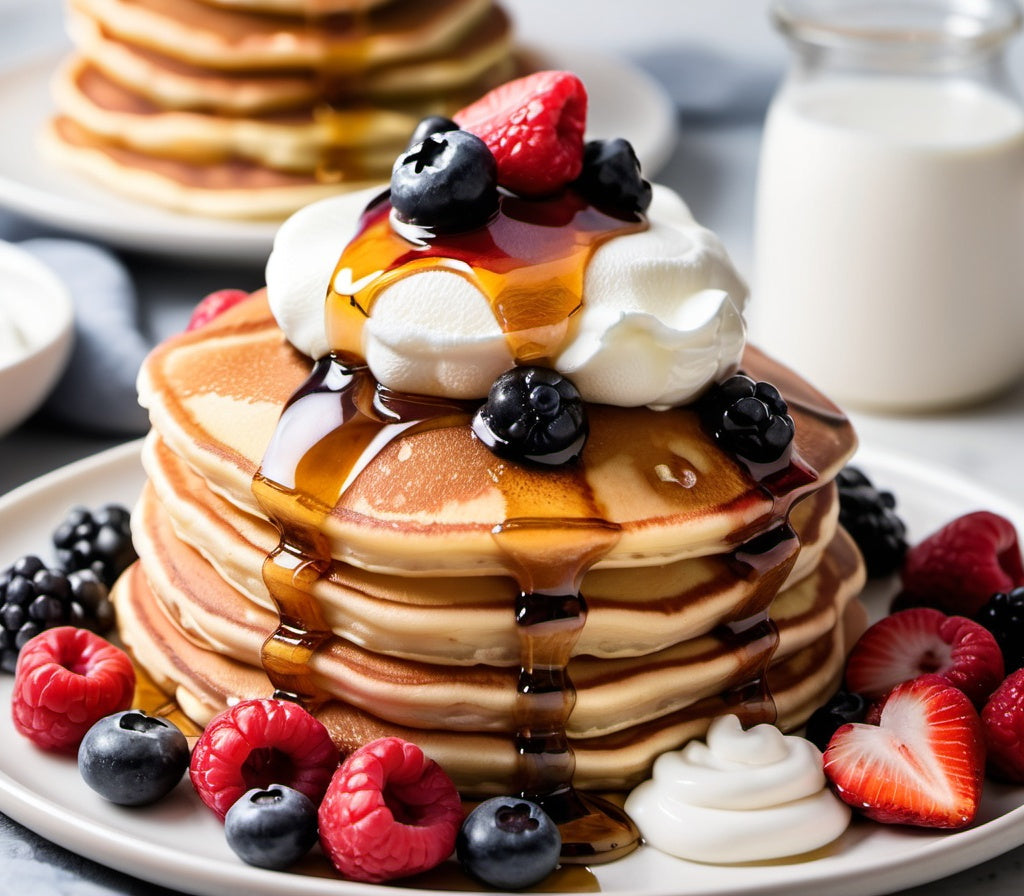 Close-up of fluffy pancakes stacked with syrup, berries, and whipped cream.