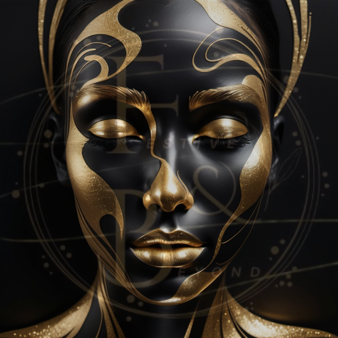 Fluid abstract face formed with gold glittering lines, set on a matte black background.