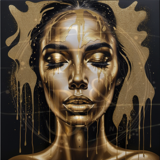 Abstract fluid gold brushstrokes with glitter on a matte black background.