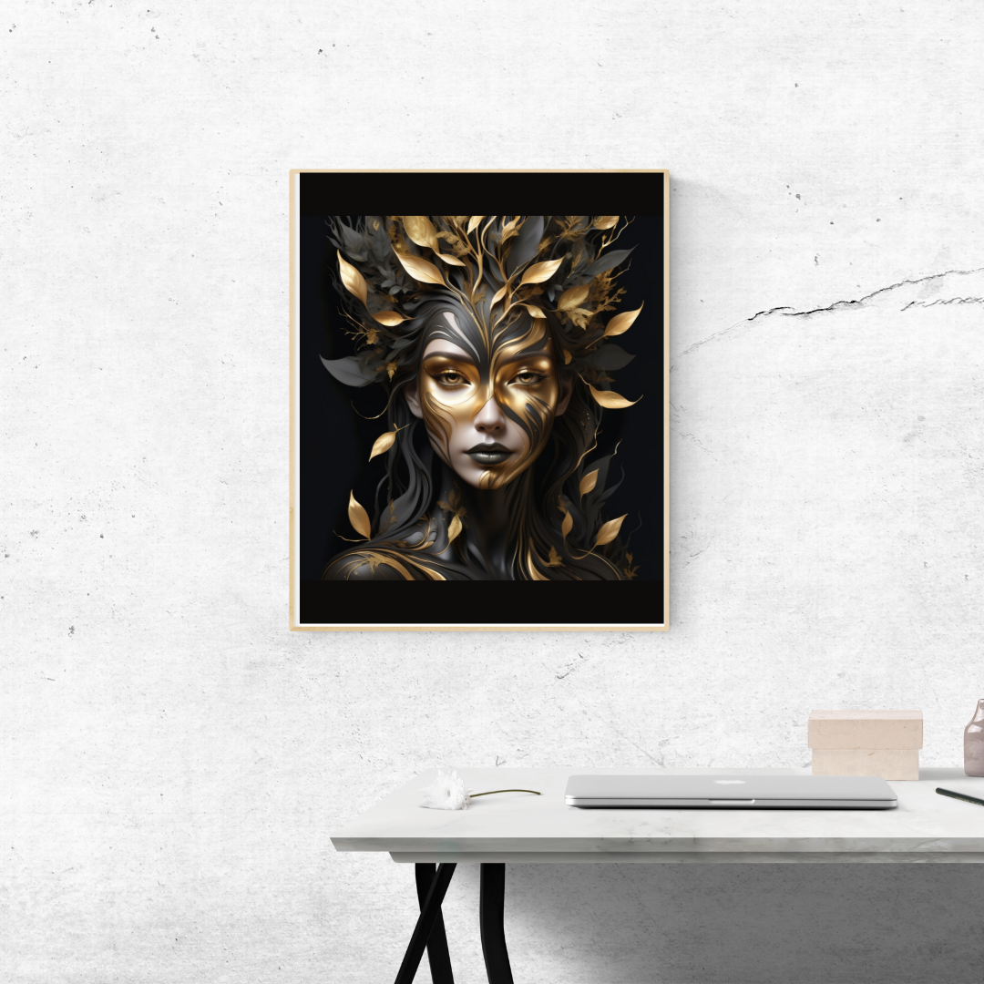 Abstract forest spirit woman with wild elements and marble golden accents.