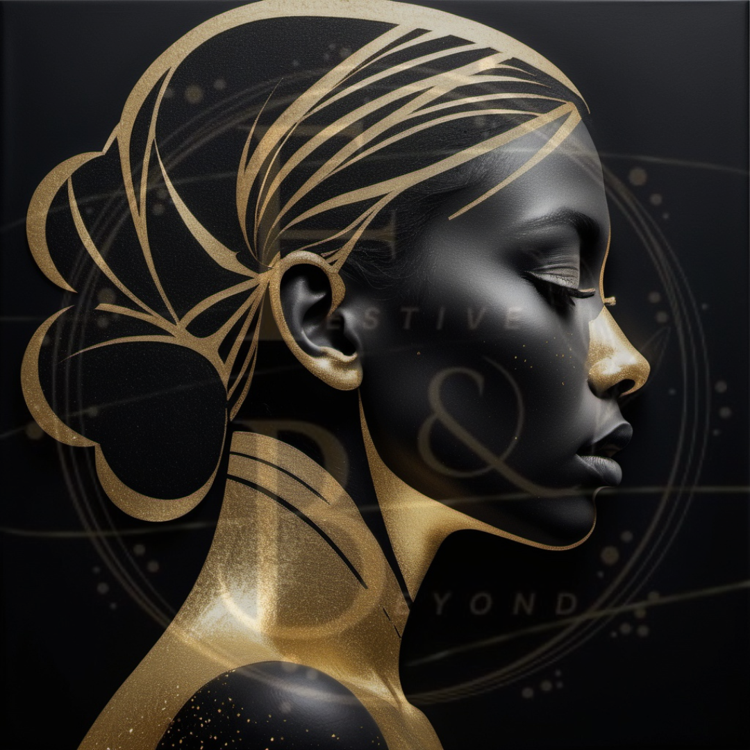 Minimalist abstract profile of a woman, with geometric gold glitter lines, set on a matte black background.