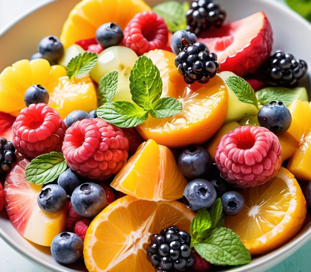 Close-up of a bowl of fresh mixed fruit salad with berries, citrus slices, and mint leaves.