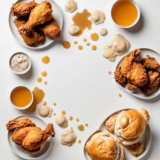 A clean white background with fried chicken, biscuits, gravy, and honey scattered in the corners.