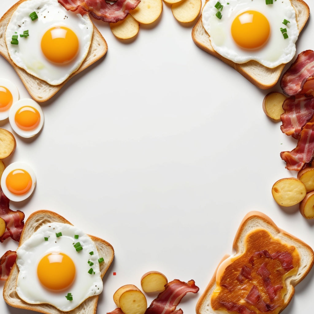 A clean white background with fried eggs, bacon, potatoes, and toast scattered in the corners.