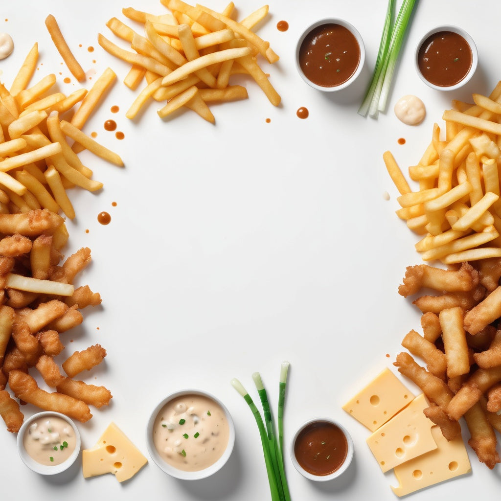 A clean white background with french fries, cheese curds, gravy, and green onions scattered in the corners.