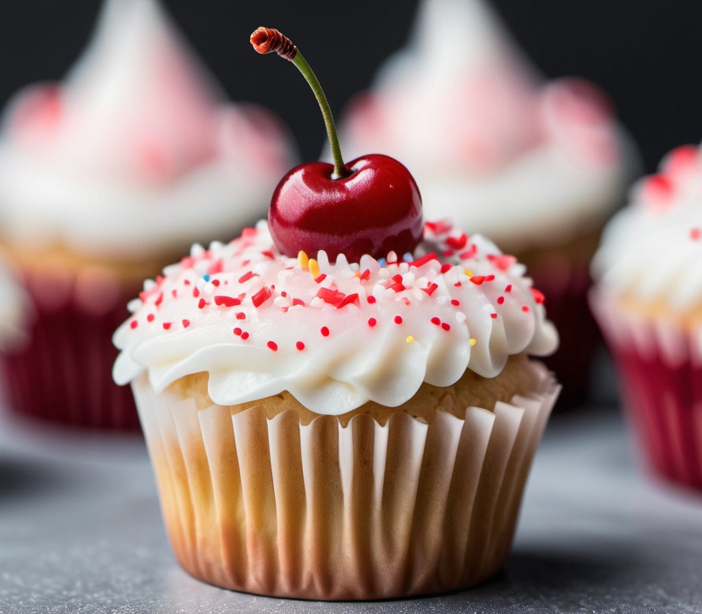 Close-up of a frosted cupcake with colorful sprinkles and a cherry on top.