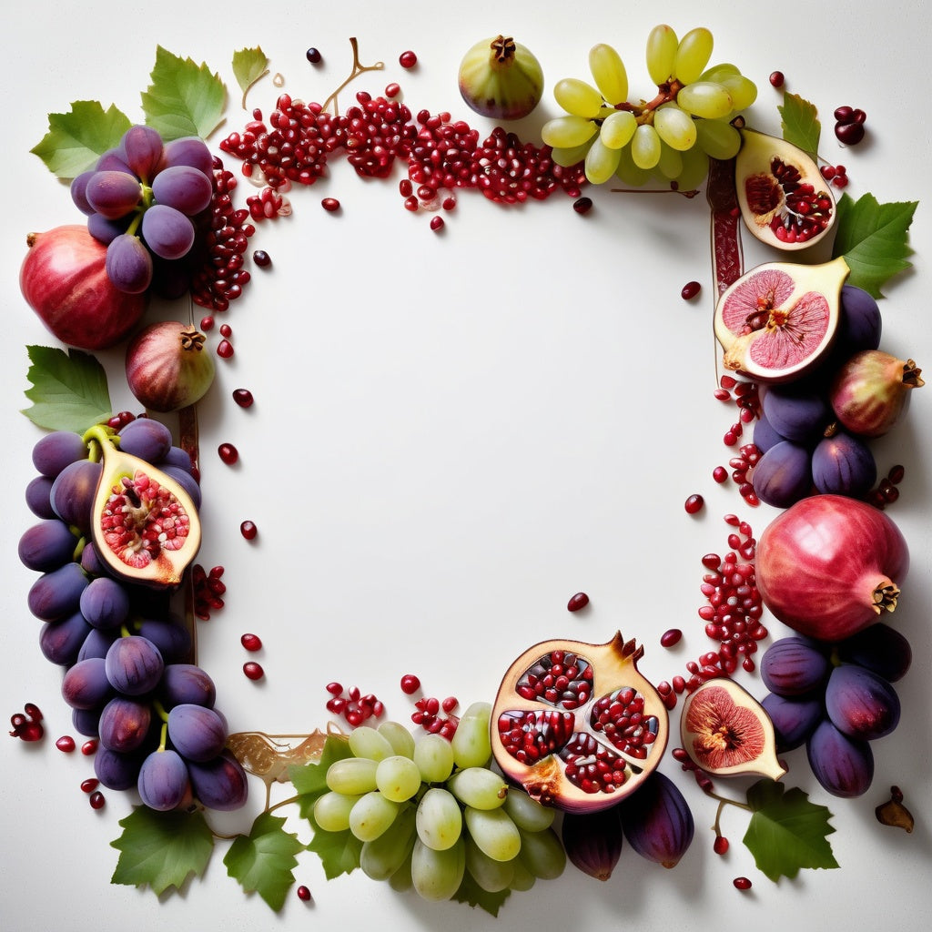 A white background with bunches of grapes, figs, and pomegranate seeds scattered along the edges, leaving an empty center for product placement.