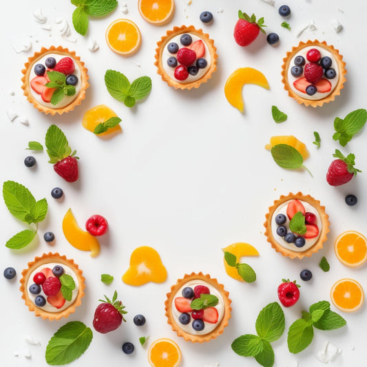 A clean white background with fruit tarts, whipped cream, and mint leaves scattered in the corners.