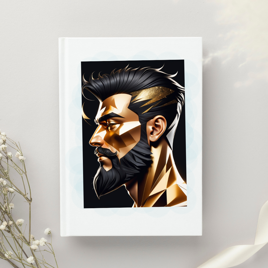 Geometric black-and-gold abstract profile portrait of a man with sharp angles.