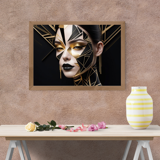 Abstract geometric black-and-gold portrait of a woman’s face with overlapping shapes.