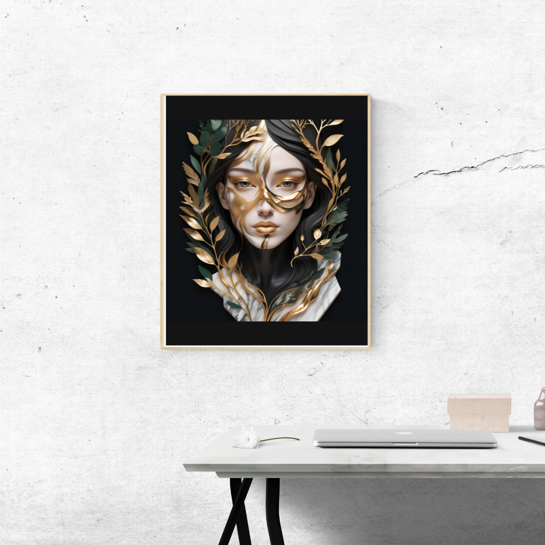 Abstract woman in wild forest with golden marble sprays on a black background.