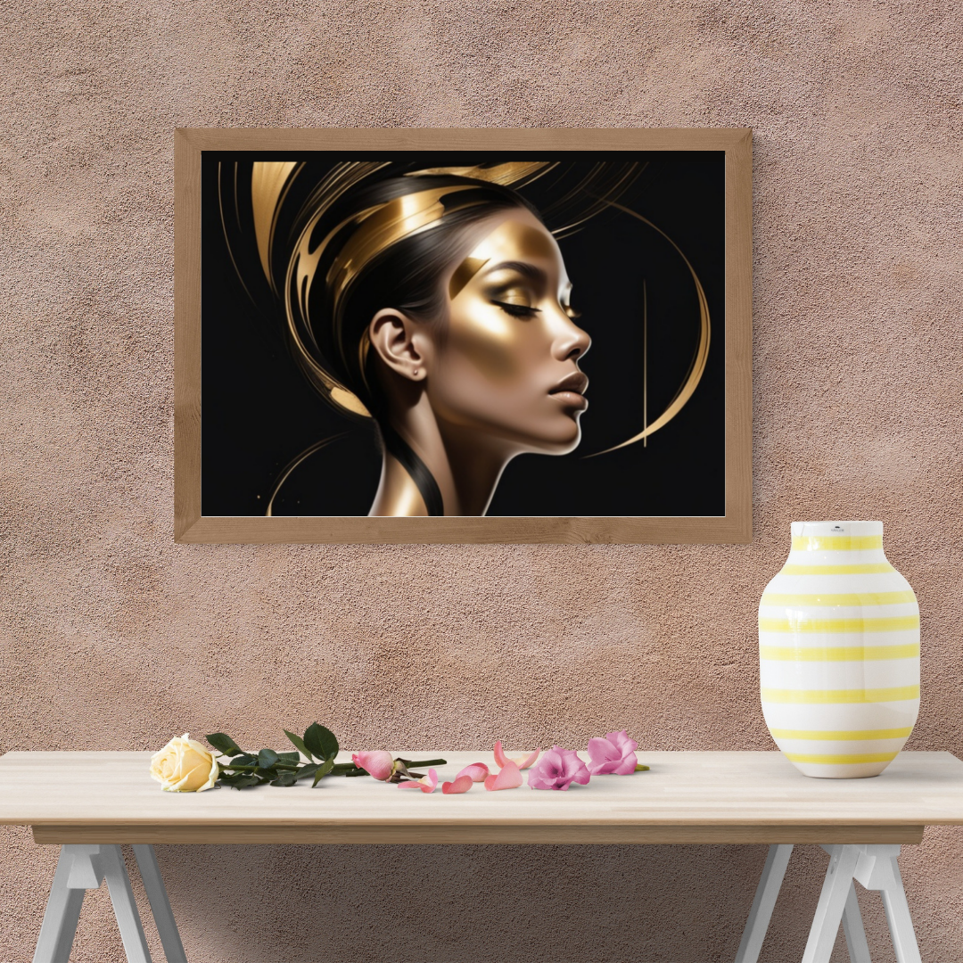 Black and gold abstract woman with golden accents, exuding luxury and simplicity.