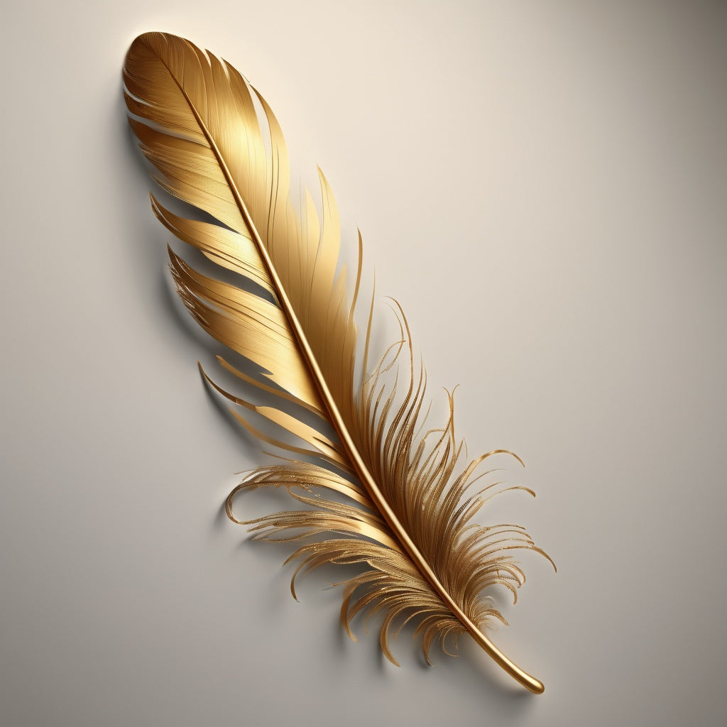 Floating golden feathers on a dark velvet background