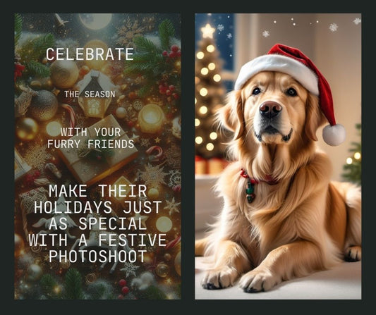 Golden retriever wearing a Santa hat in front of a Christmas tree