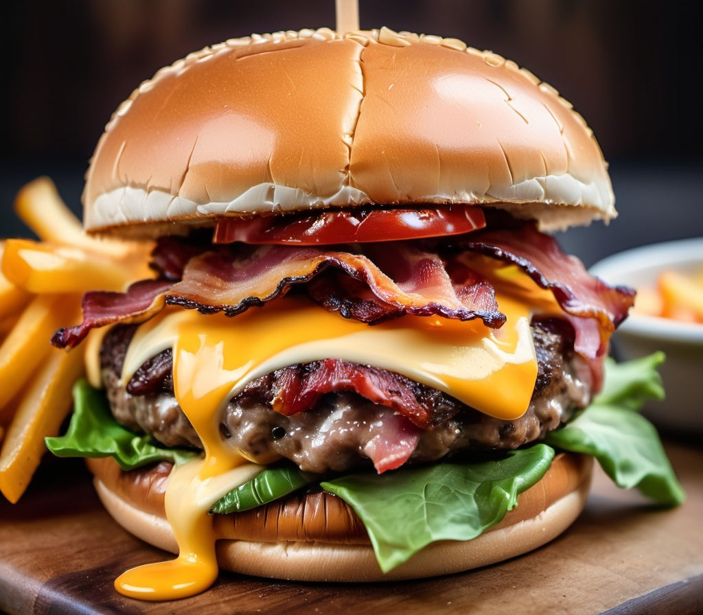 Close-up of a gourmet burger with melted cheese, crispy bacon, and fresh vegetables.