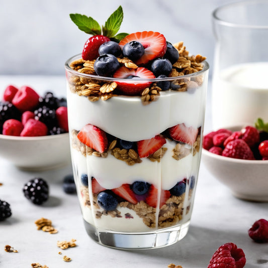 Yogurt parfait with granola, yogurt, and fresh berries