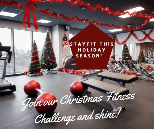 Christmas-themed gym with dumbbells wrapped in ribbons and Santa working out