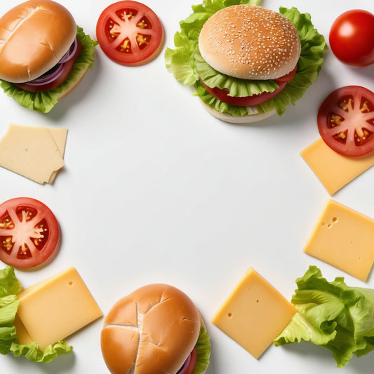 A clean white background with hamburger buns, cheese slices, lettuce, and tomato slices scattered in the corners.