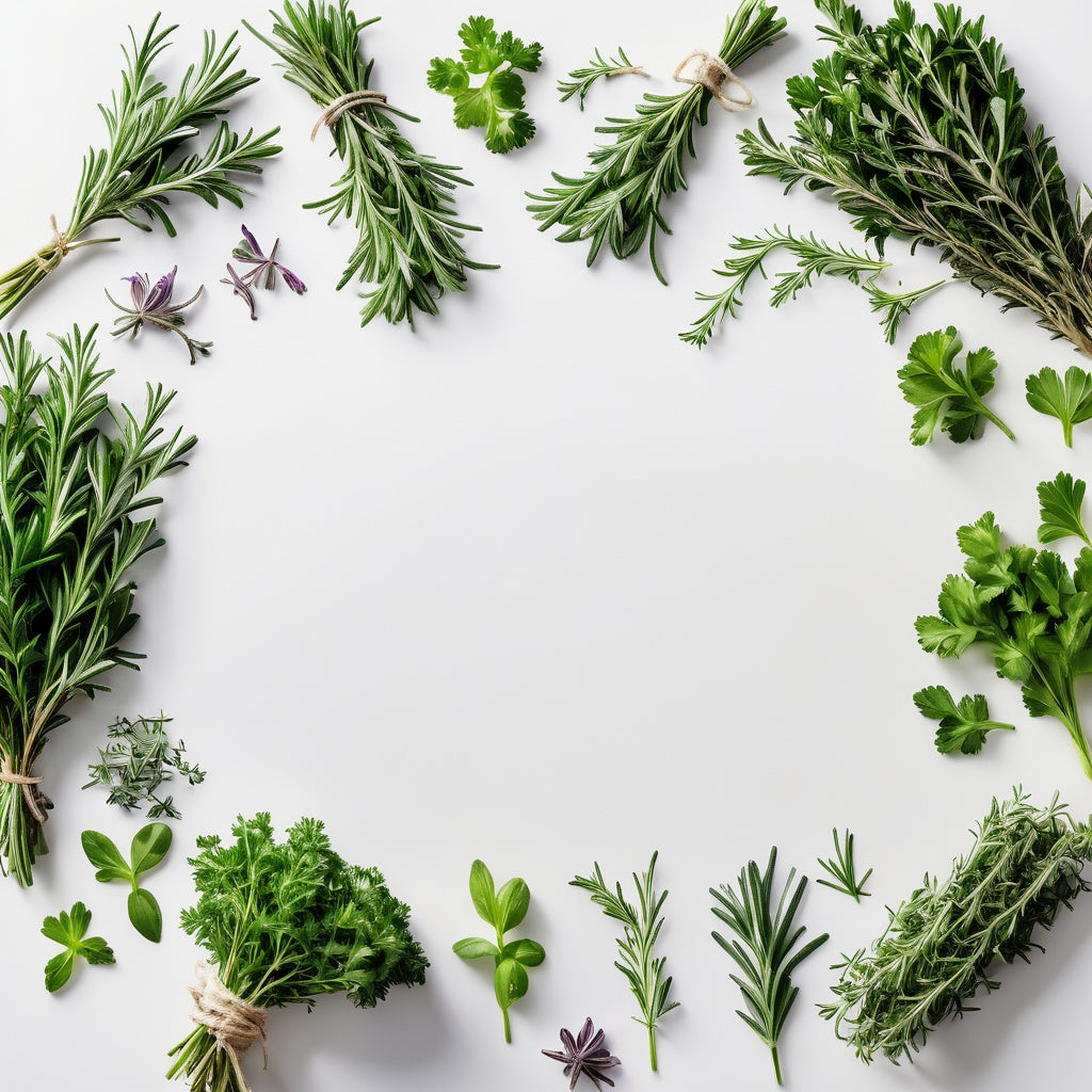 A white background with fresh herbs (rosemary, thyme, and parsley) scattered along the edges, leaving space for product placement.