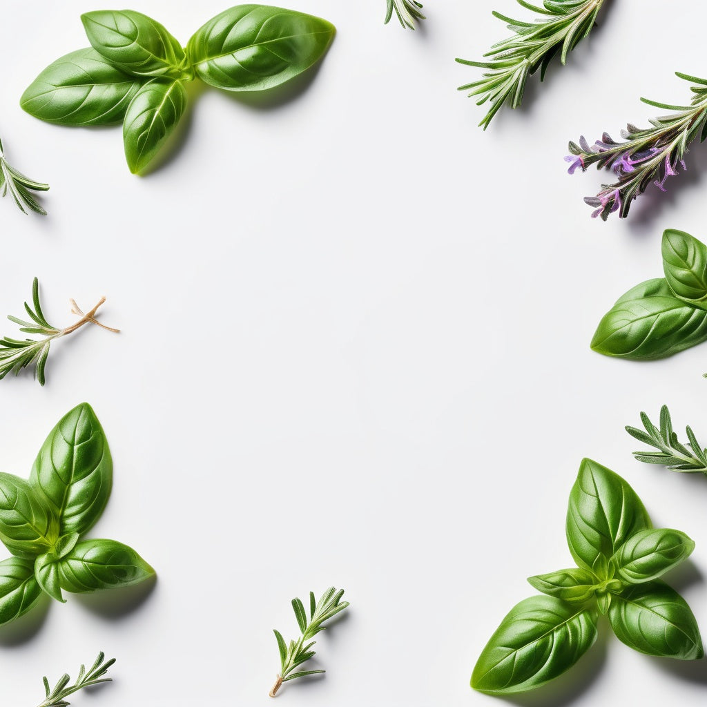 A white background with fresh basil, rosemary, and thyme arranged around the edges, leaving the center clear for product placement.