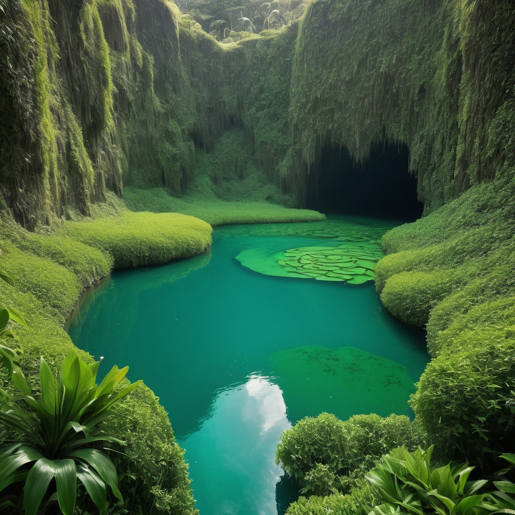 A secret turquoise lagoon hidden between towering green cliffs, glowing under soft sunlight