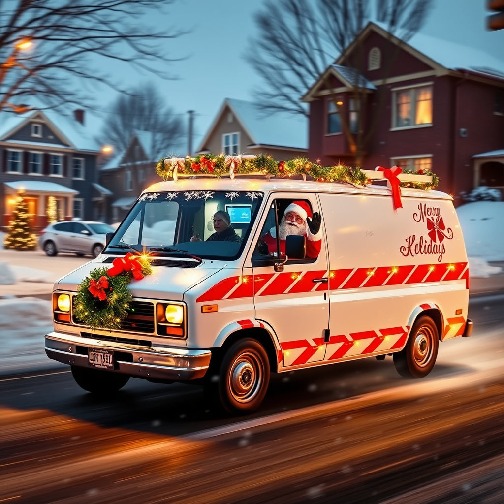 Festive holiday delivery van with lights, candy cane stripes, Santa driving through snowy neighborhood