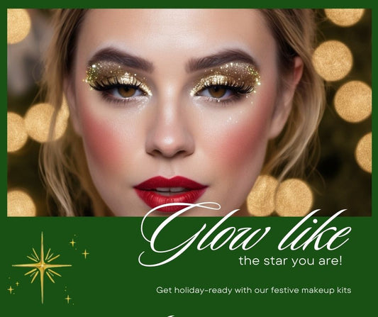 Woman with sparkling holiday makeup, gold eyeshadow, red lipstick, and glitter highlights