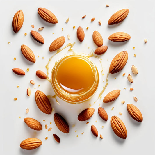 A white background with honey drizzles and almonds scattered along the edges, leaving the center empty for product placement.