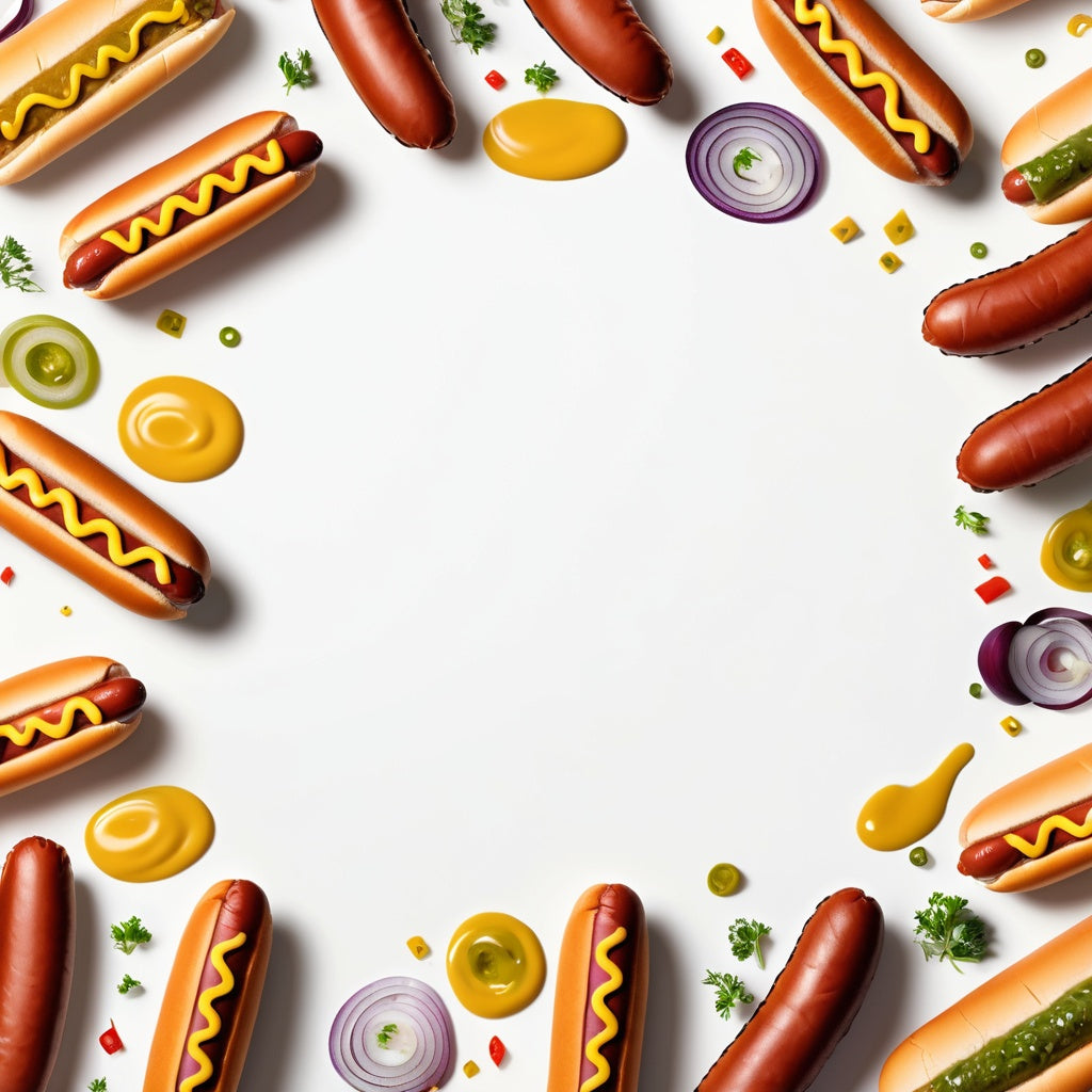 A clean white background with hot dogs, mustard, relish, and onions scattered in the corners.