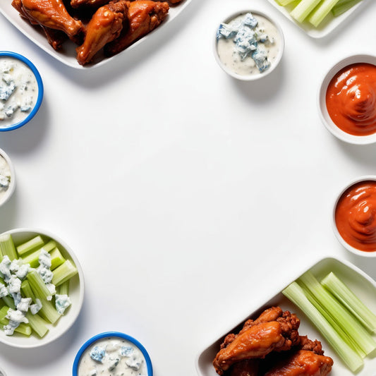 A clean white background with hot wings, celery sticks, blue cheese dip, and buffalo sauce scattered in the corners.