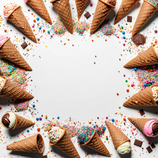 A clean white background with ice cream cones, sprinkles, and chocolate chips scattered in the corners.