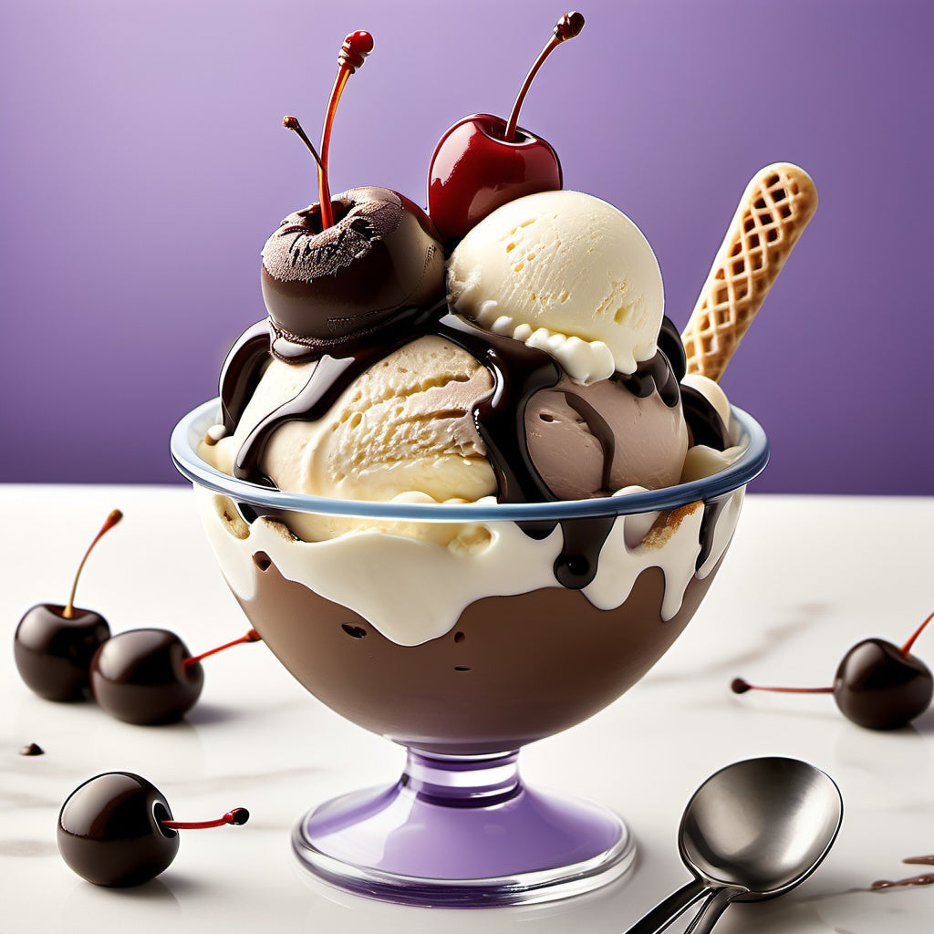 A decadent ice cream sundae with vanilla and chocolate ice cream, hot fudge, whipped cream, and a cherry.