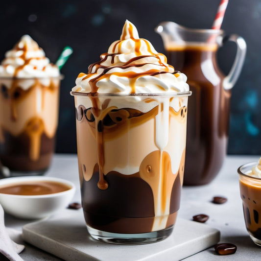 Close-up of a vibrant iced coffee with milk and coffee layers, topped with whipped cream and caramel drizzle.