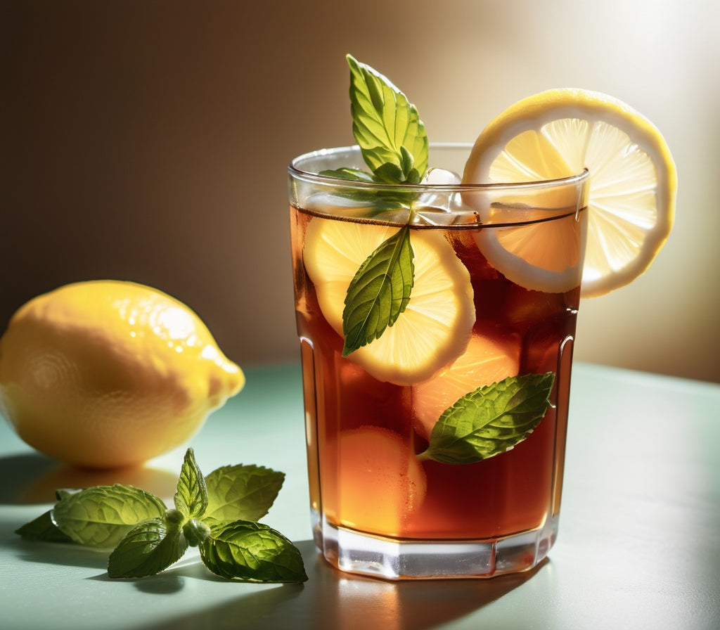 Close-up of a refreshing glass of iced tea with lemon slices and mint, reflecting light beautifully.