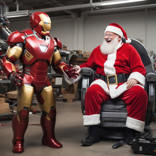 Iron Man and Santa working on robotic and traditional sleighs in workshop