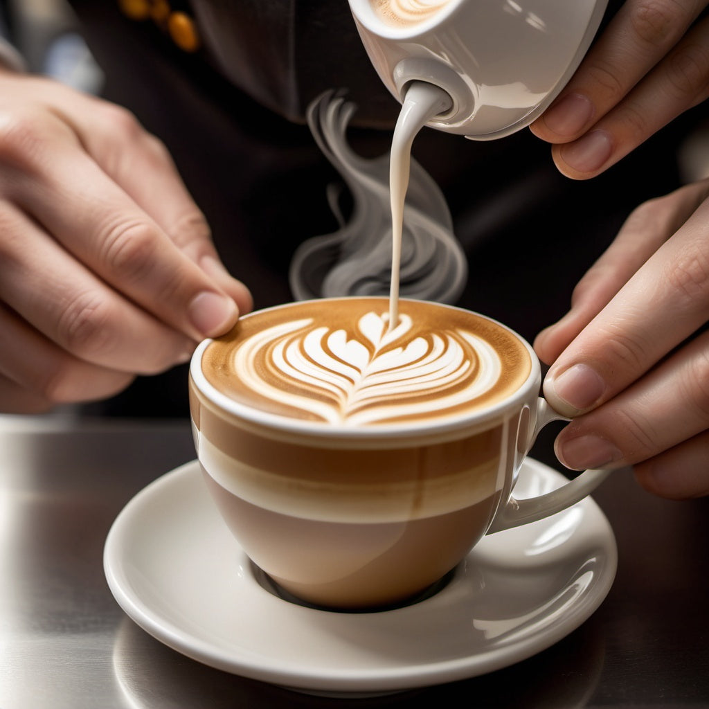 Close-up of a barista’s hands creating intricate latte art in a coffee cup.