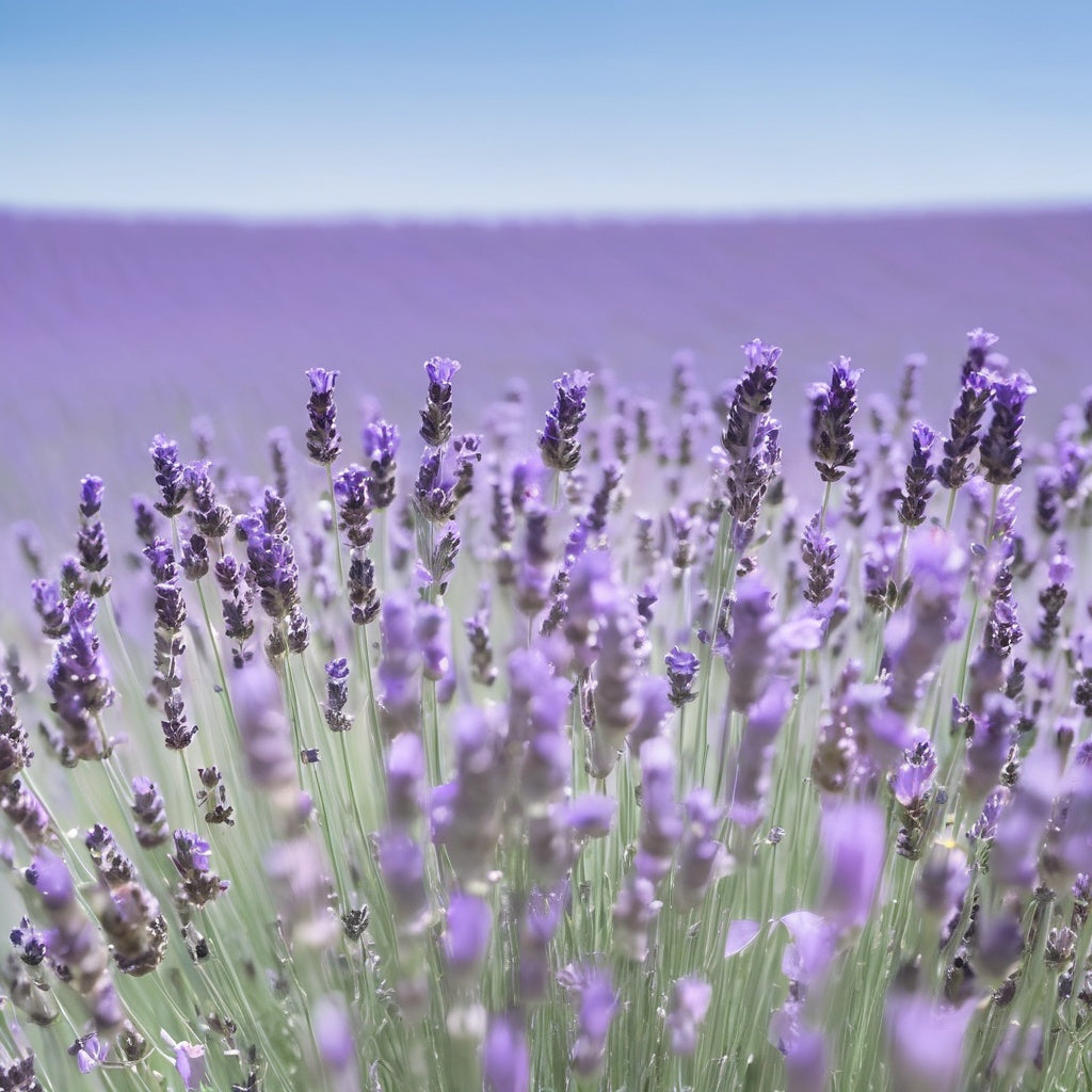 A vibrant lavender field with purple flowers swaying in the wind under a serene, blue sky.