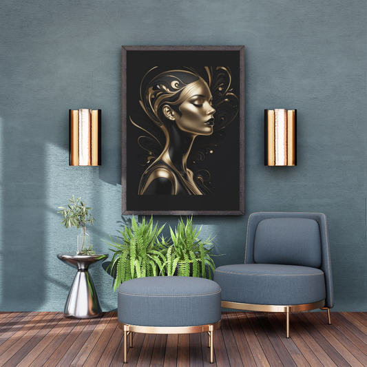 Elegant black and gold abstract woman silhouette with luxurious detailing.