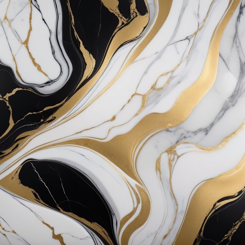 A luxurious marble design with gold, black, and white tones, creating a chic and elegant aesthetic.